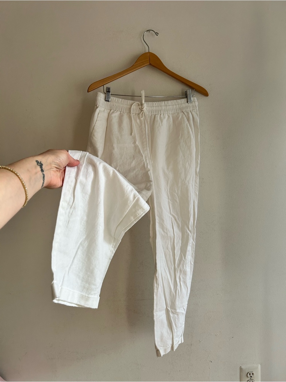 JCREW High waisted white linen and cotton stretchy pants